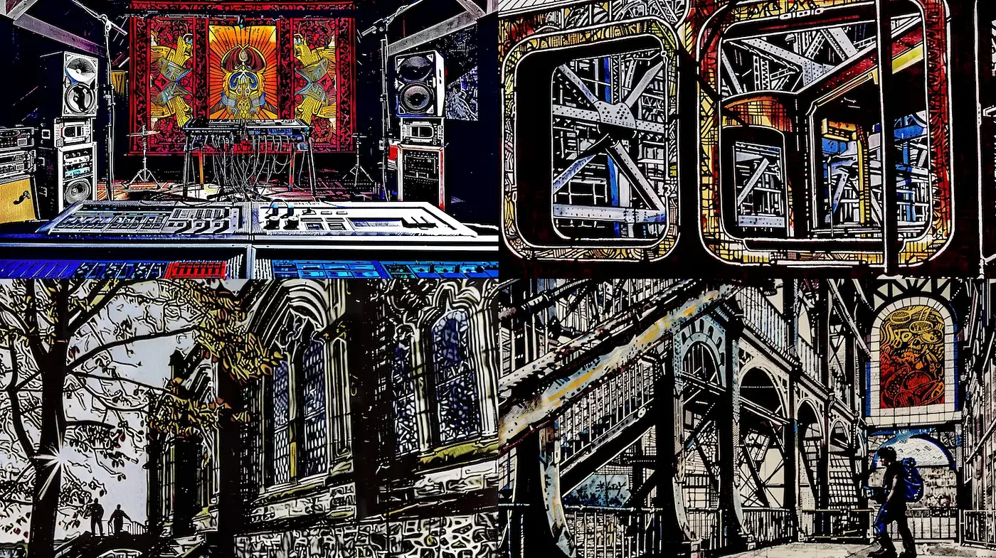 Eclectic Urban Aesthetic with Bold Lines and Contrasting Textures - Midjourney sref style