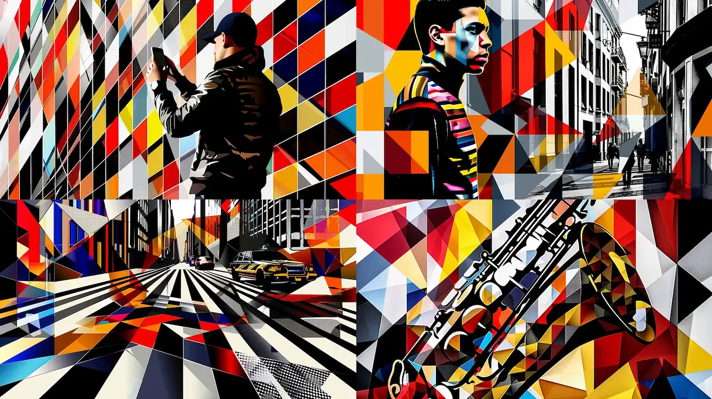 Dynamic and Geometric Urban Expressionism with Bold Color Schemes - Midjourney sref style