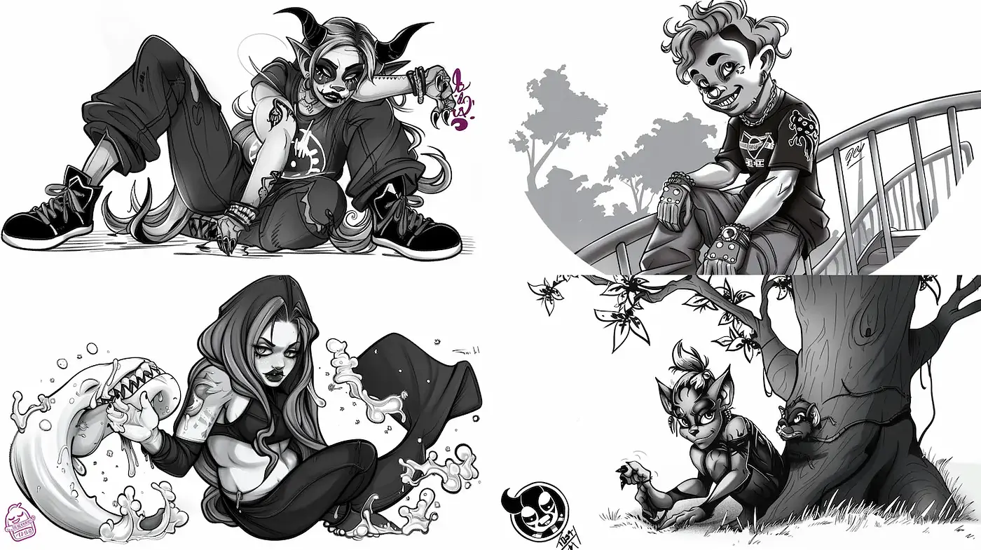 Dynamic Expression in Monochrome Character Illustrations - Midjourney sref style