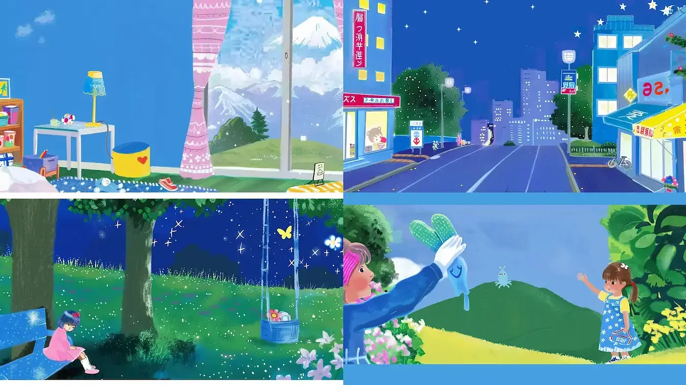 Whimsical and Dreamy Illustrations with Consistent Blue Tones - Midjourney sref style