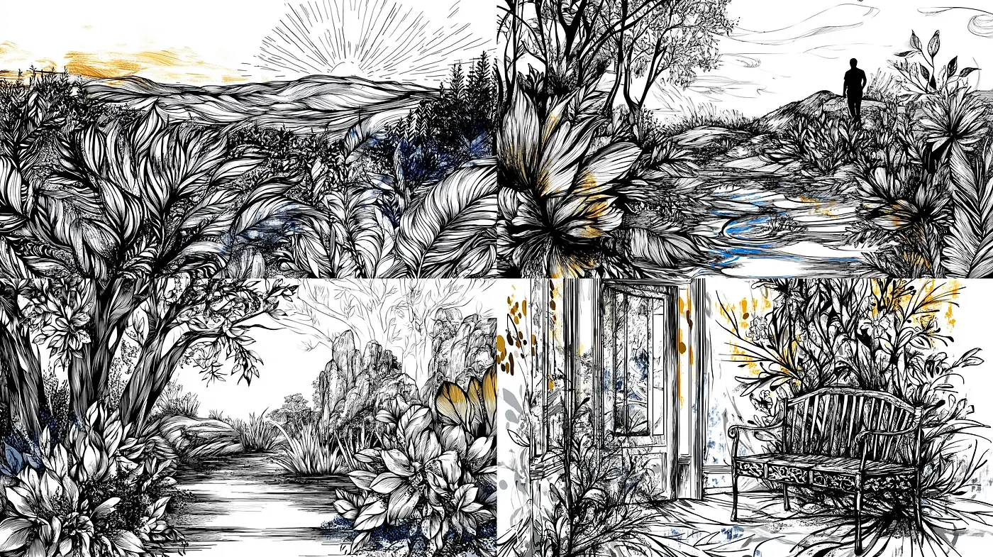 Monochrome Essence with Golden Accents: A Fusion of Ink Illustration and Color Highlights - Midjourney sref style