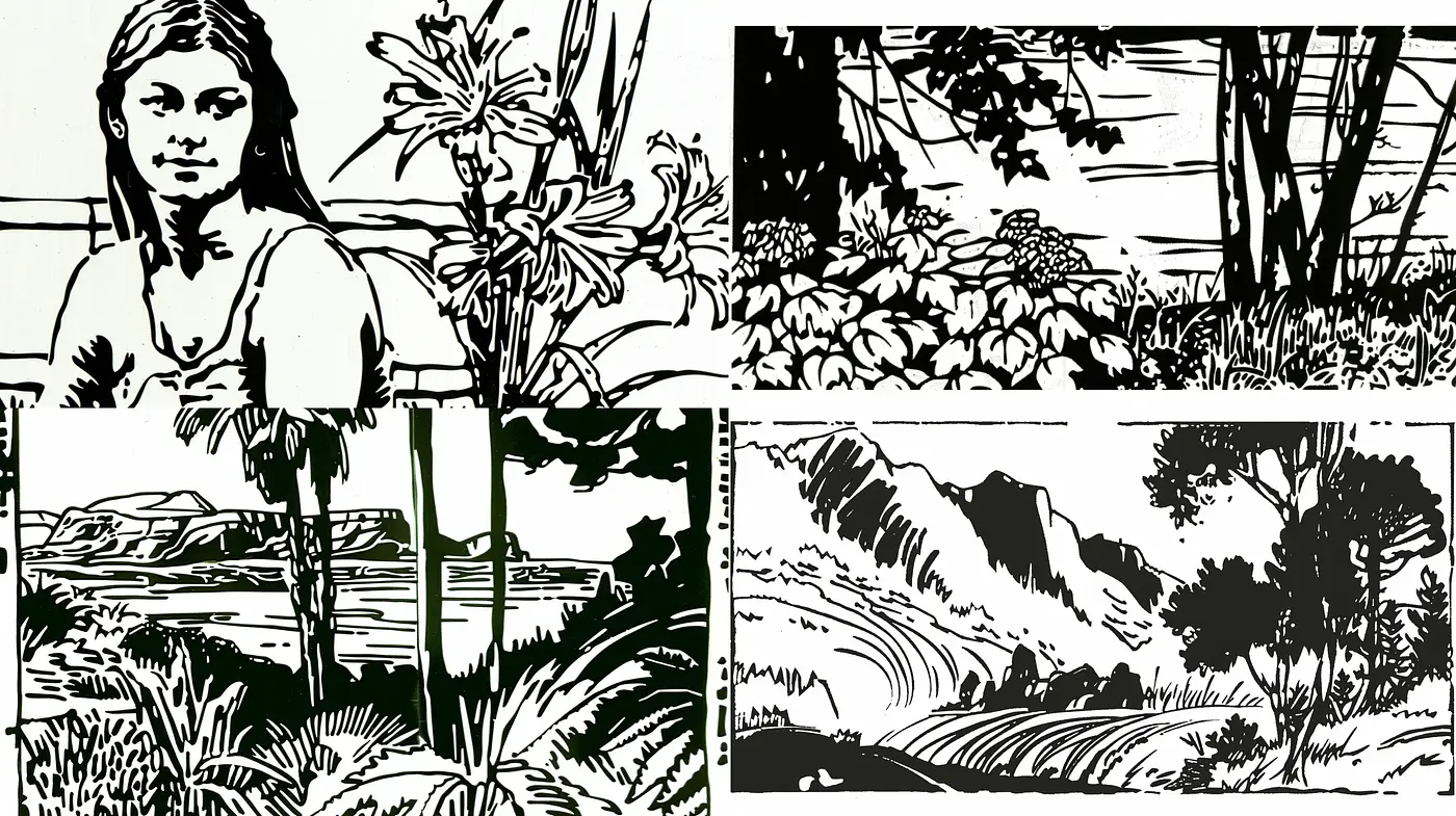Monochromatic Ink-Wash Landscape and Portrait Illustrations - Midjourney sref style