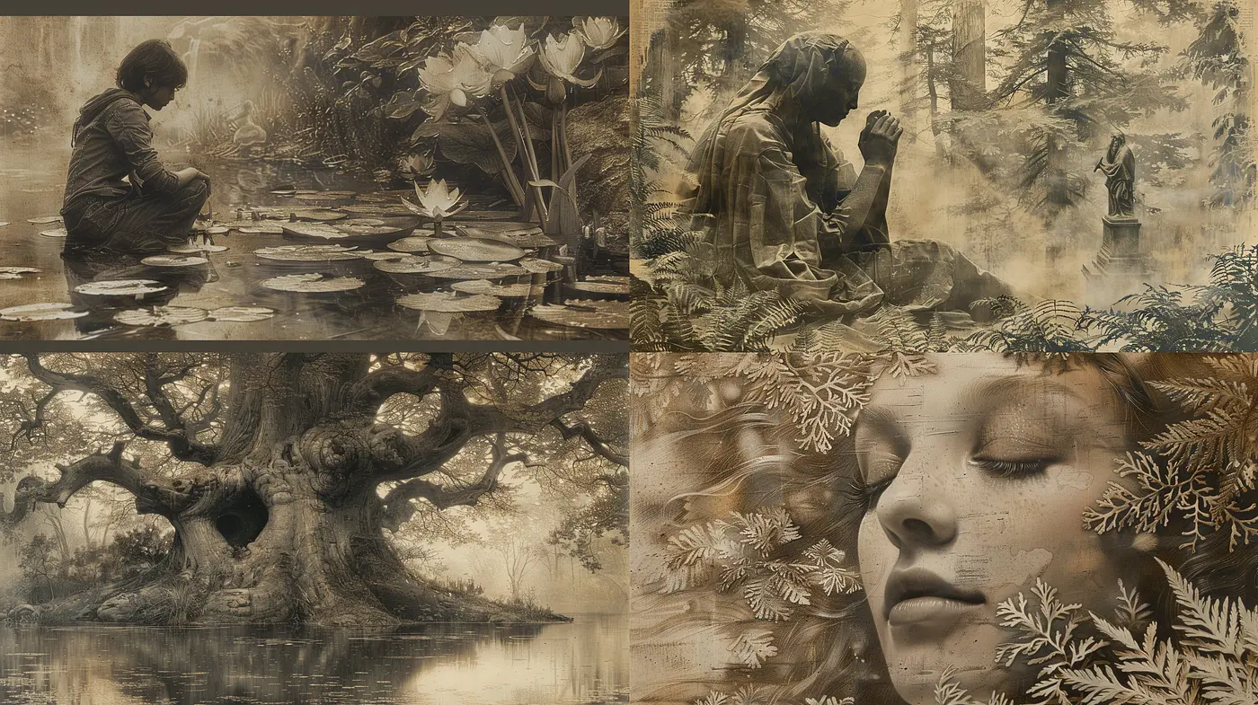 Sepia-Toned Reverie: A Consistent Exhibition of Vintage Textures and Nature-Oriented Artistry - Midjourney sref style