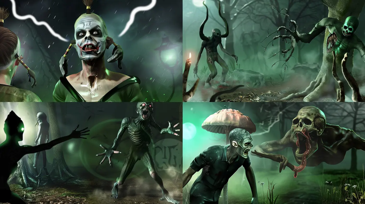 Eerie Green Undertones: A Consistent Spectral Aesthetic in Digital Art - Midjourney sref style