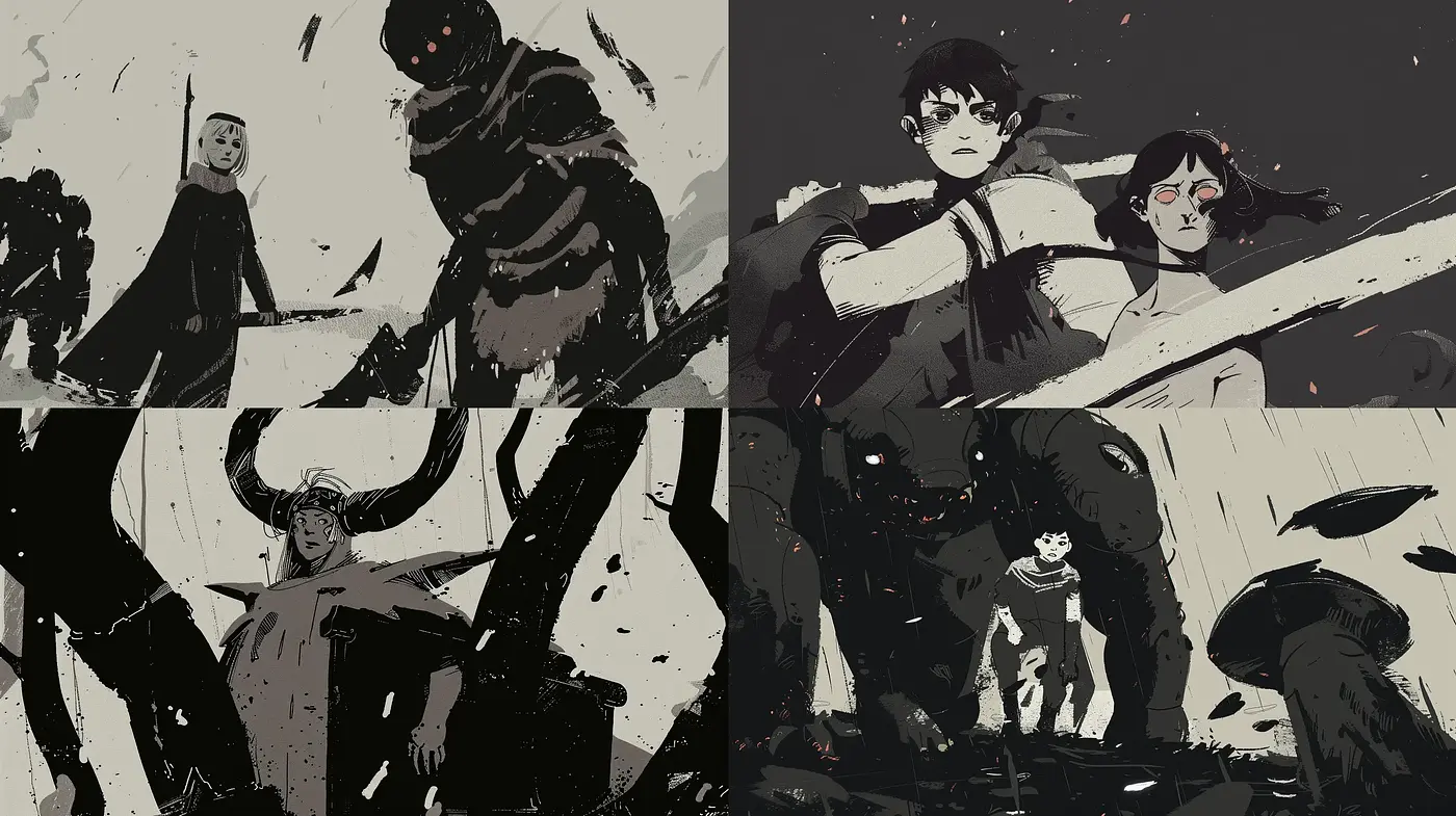 Gritty Ink Brushwork in Monochrome: A Dark Graphic Novel Approach - Midjourney sref style