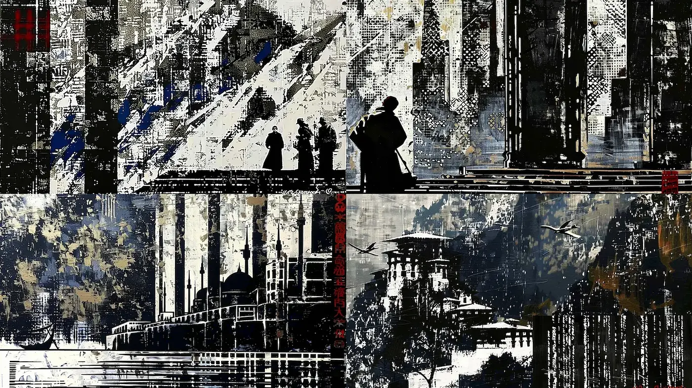 Dynamic fusion of Asian-inspired architecture and abstract expressionism - Midjourney sref style