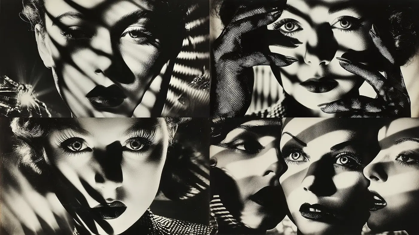 Dramatic noir-inspired portraiture with intricate shadow play - Midjourney sref style