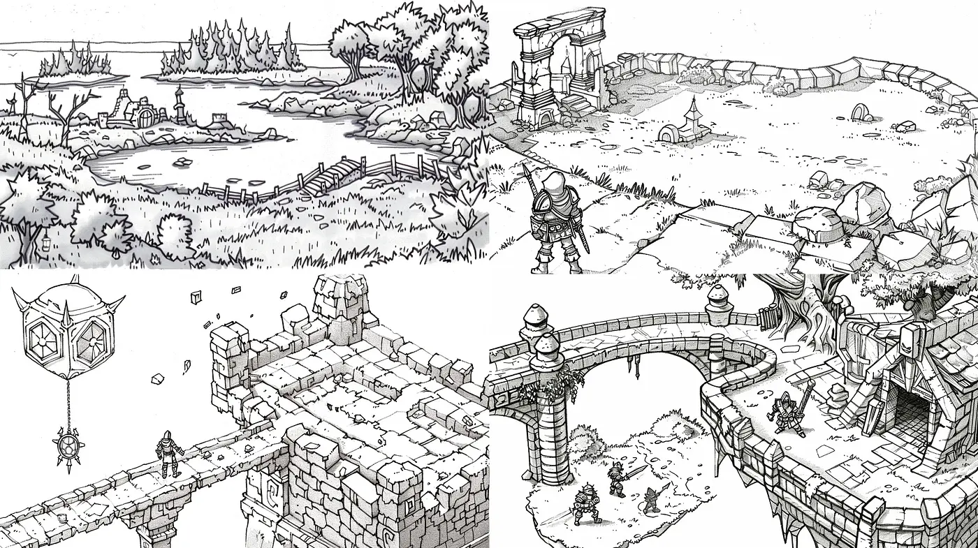 Monochromatic Whimsy: A Homogeneous Blend of Line Art and Fantasy - Midjourney sref style