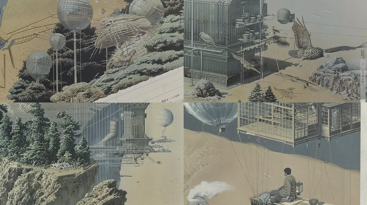 Ethereal landscapes blending tradition with futurism - Midjourney sref style