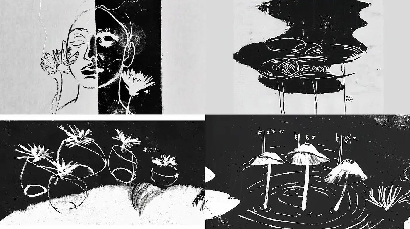Monochromatic Expressionism with Fluid Organic Elements and Minimalist Aesthetic - Midjourney sref style