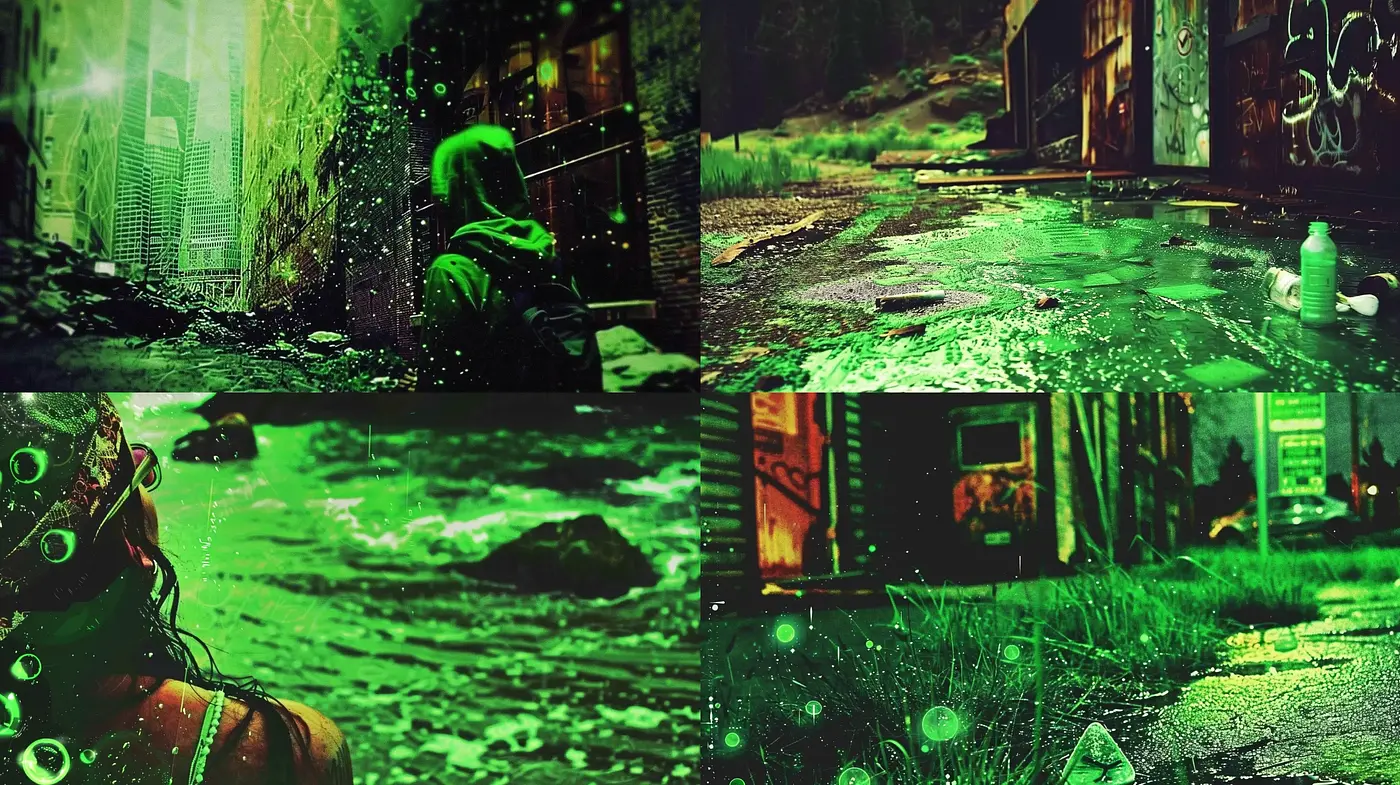 Emerald Hues in Post-Apocalyptic Visions: A Cinematic Blend - Midjourney sref style