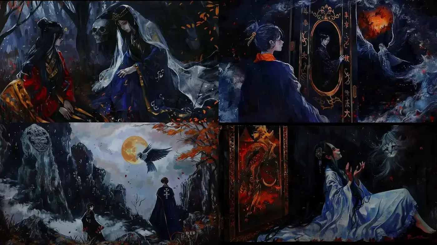 Mysterious and Enigmatic Dark Fantasy Art with Traditional Elements - Midjourney sref style