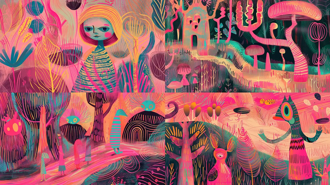 Whimsical Phantasmagoria of Stylized Forests and Enigmatic Figures - Midjourney sref style