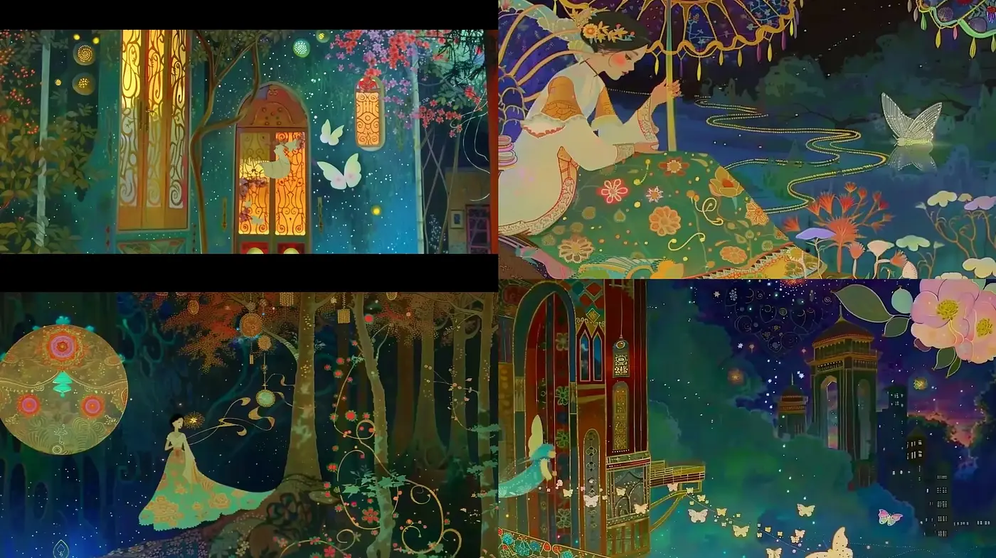 Enchanted Nocturnal Dreamscape with Ethereal Gardens - Midjourney sref style