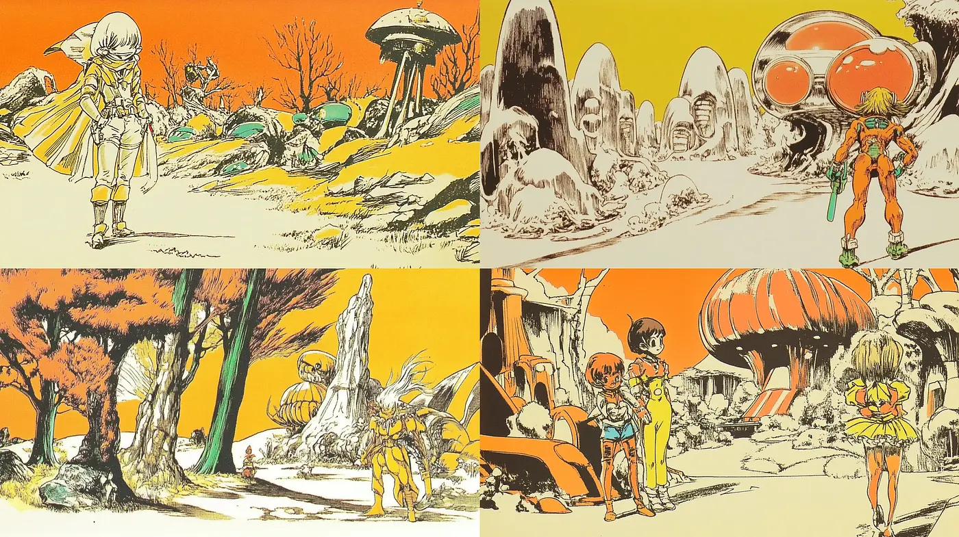 Retrofuturistic Sci-Fi Tableaus with a Warm Vintage Palette - Midjourney sref style