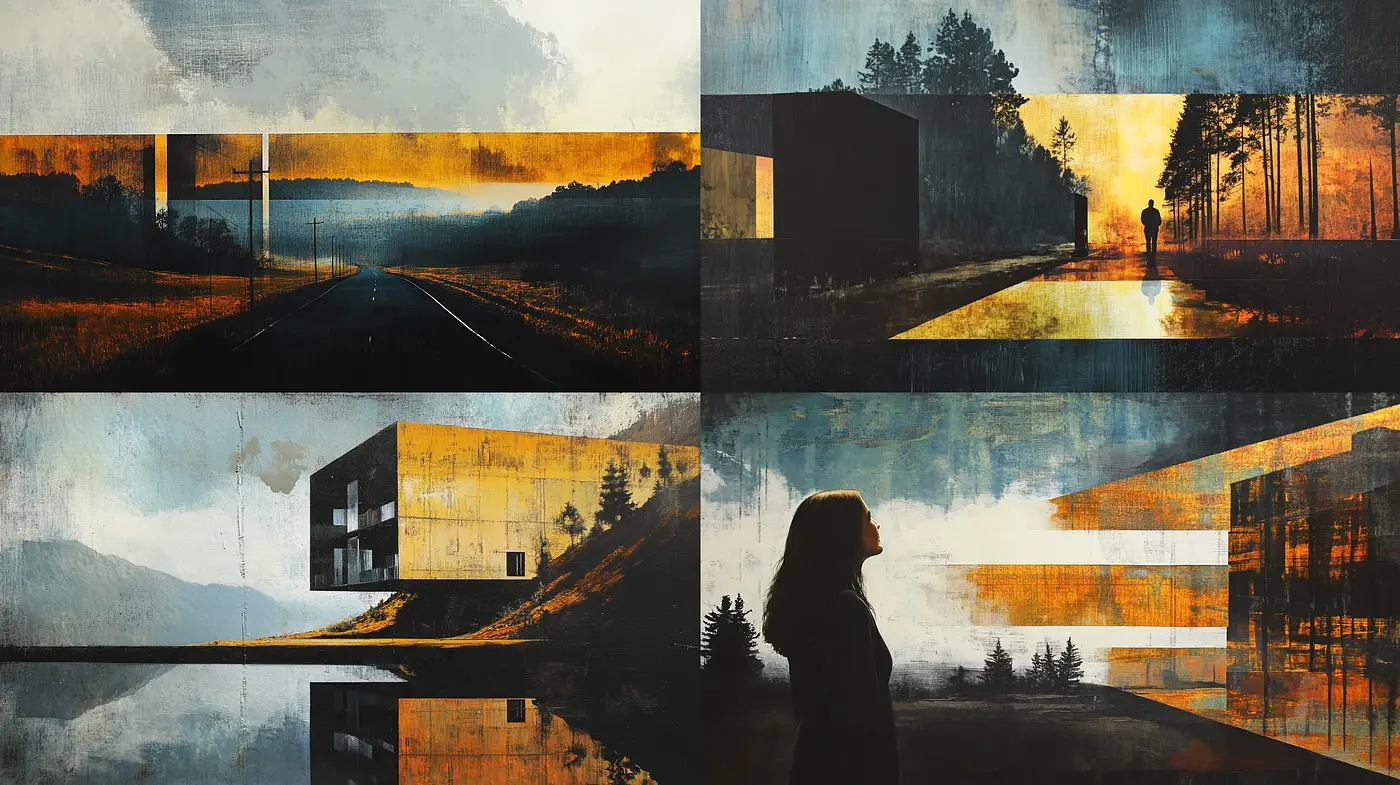 Twilight Silhouettes and Architectural Contrasts in Textured Vistas - Midjourney sref style
