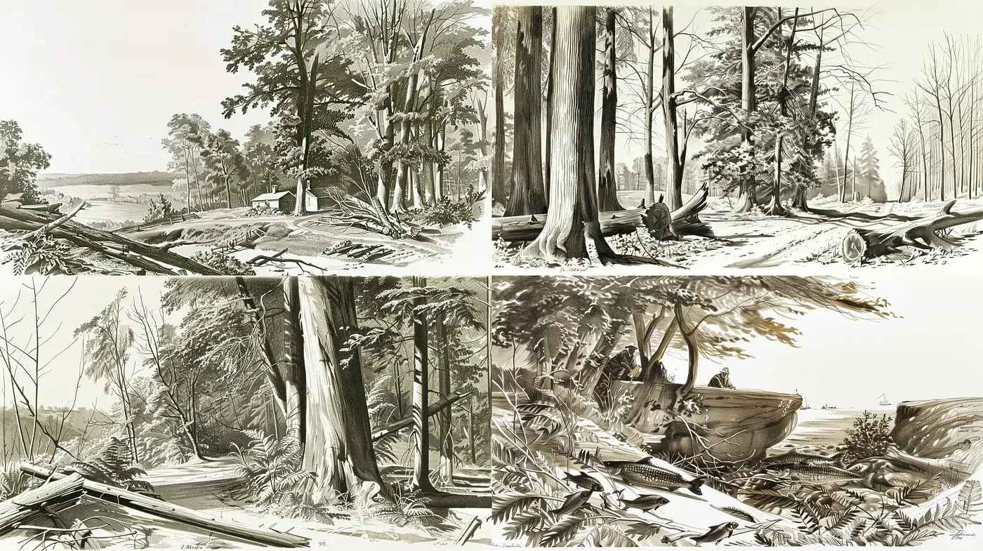 Sepia-Toned Nature Sketches with Detail-Oriented Etching Technique - Midjourney sref style