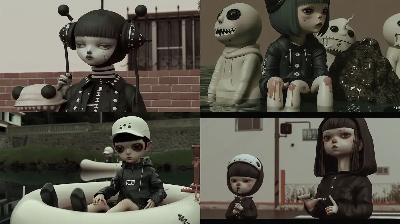 Surreal and Macabre Aesthetic Emphasizing Youthful Characters - Midjourney sref style