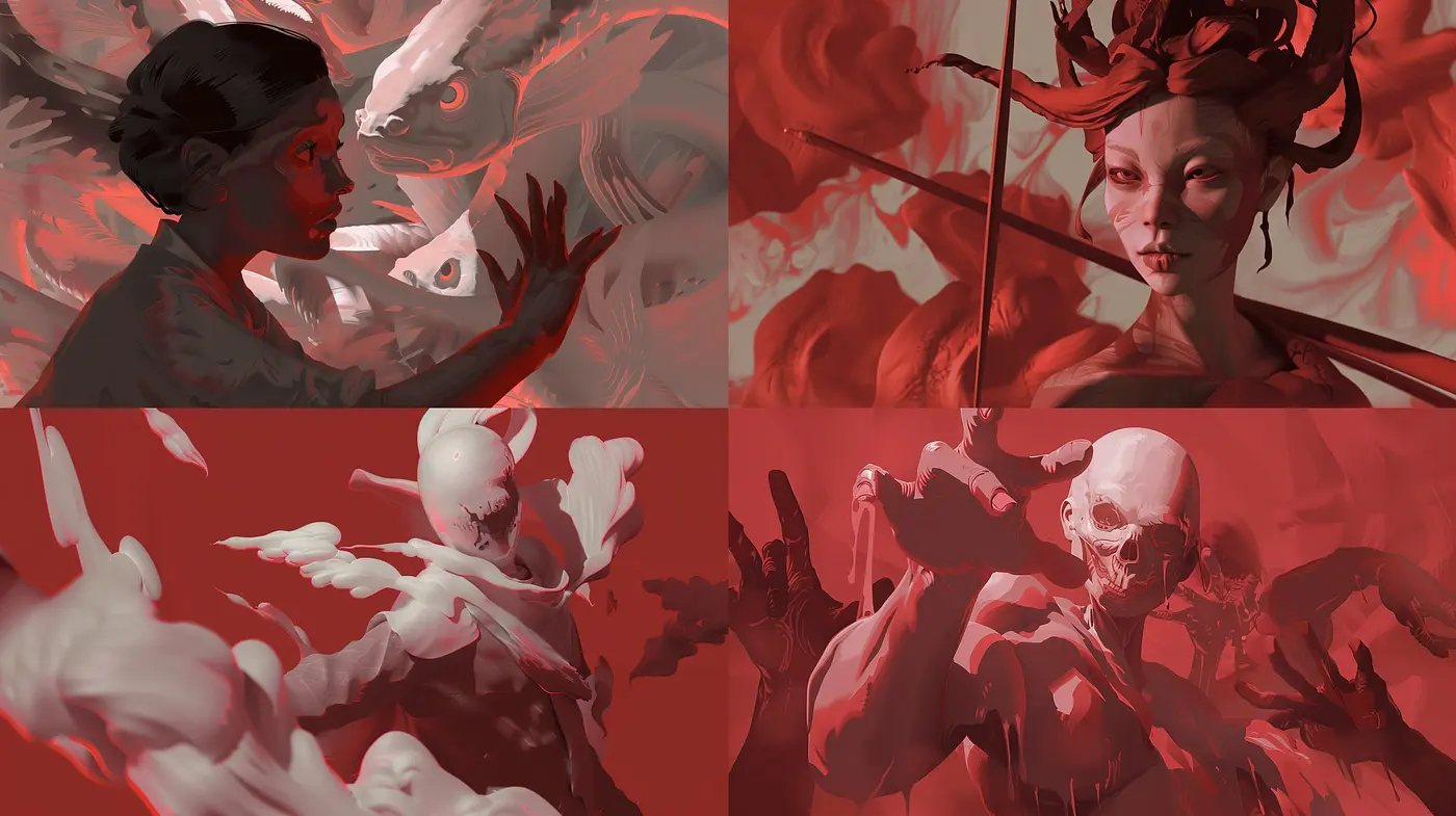 Ethereal Red Monochrome Dreamscape: A Study in Scarlet Tones and Surrealistic Forms - Midjourney sref style