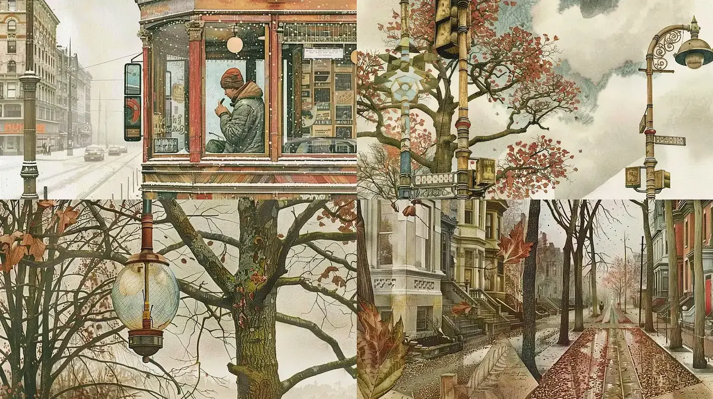 Atmospheric Urban Scenes with a Touch of Nostalgia and Natural Elements - Midjourney sref style