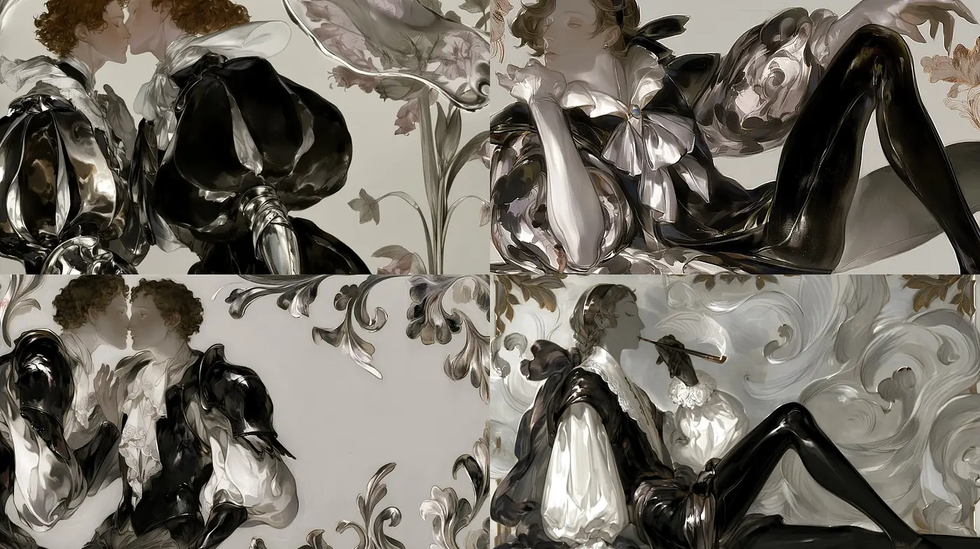 Ethereal Monochromatic Tableau: A Fusion of Baroque Elegance and Surrealist Dreamscapes - Midjourney sref style