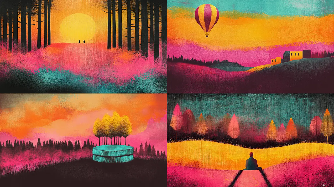 Vibrant and Dreamy Landscapes with Surreal Elements - Midjourney sref style