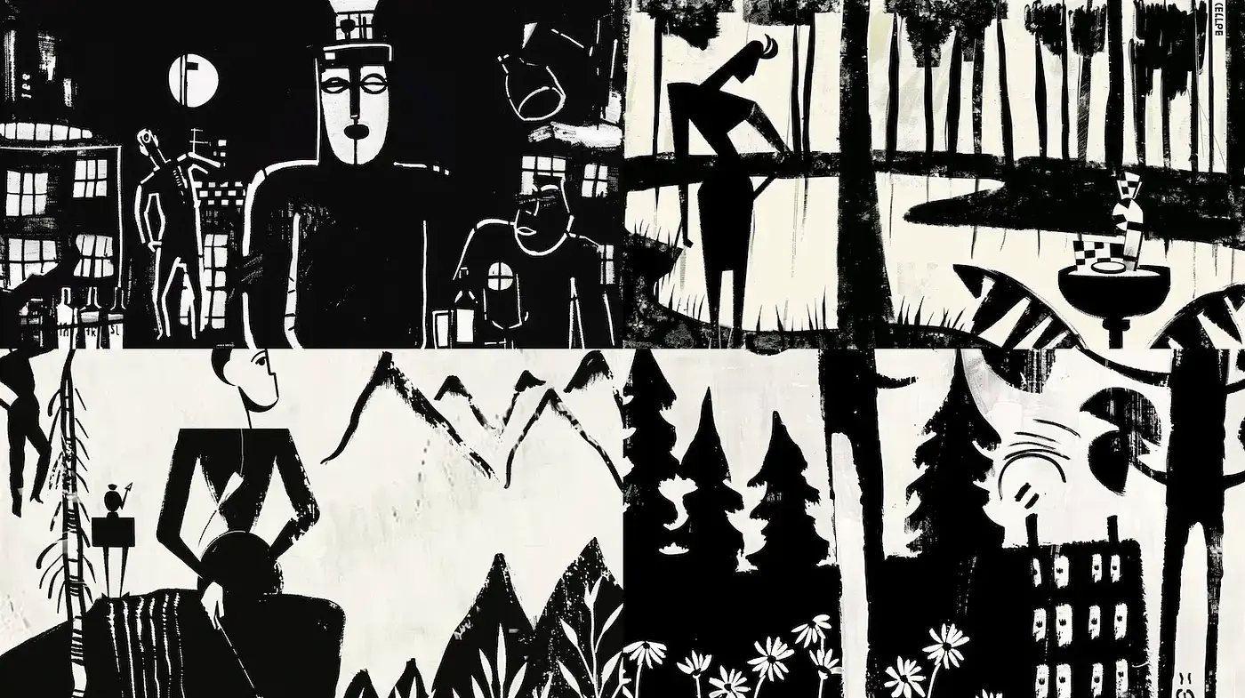 Contemporary monochromatic exploration with simplified forms and dynamic compositions - Midjourney sref style