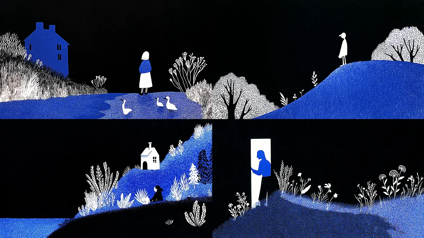 Cohesive Blue and White Illustrative Style with Whimsical Elements - Midjourney sref style