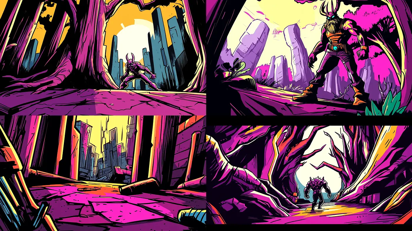 Electric Neon Fantasy in Dynamic Comic Book Illustration - Midjourney sref style