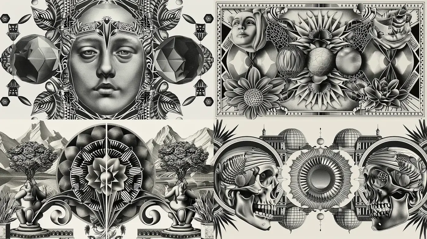 Intricate Monochrome Aesthetic with Symbolic Flourishes - Midjourney sref style