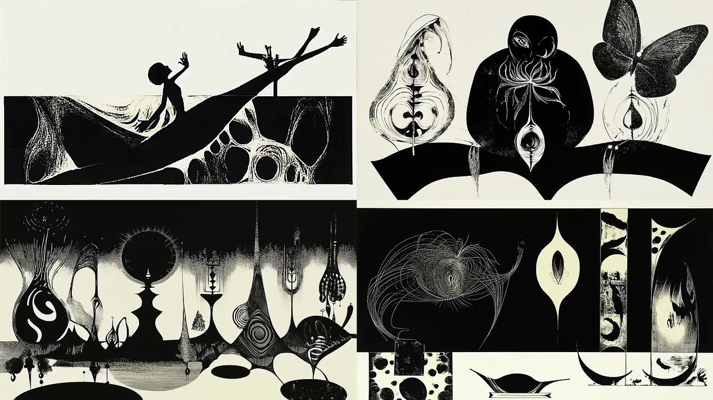 Surreal Silhouettes and Contrasting Avant-Garde - Midjourney sref style