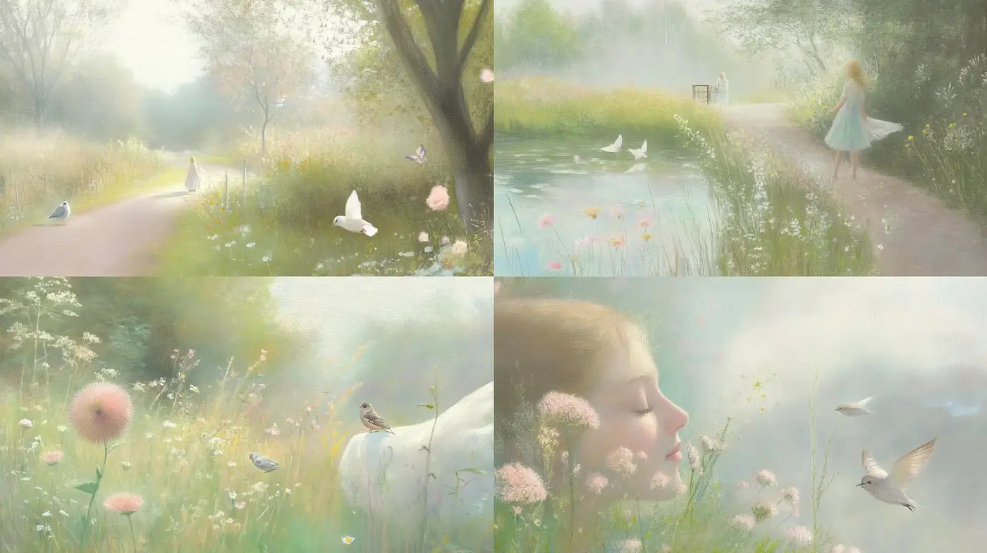 Ethereal Pastoral Dreamscapes with Soft Tonal Harmony - Midjourney sref style