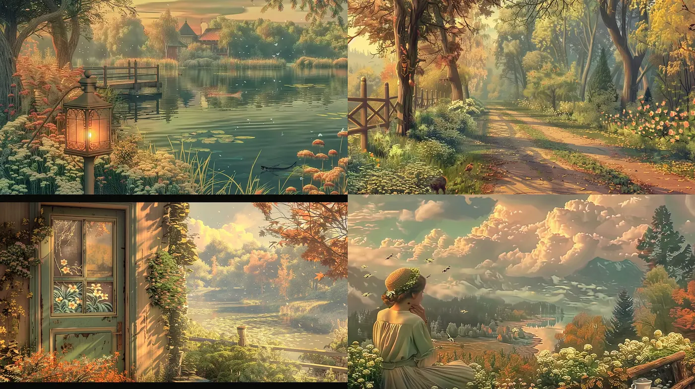 Warm Pastoral Elegance: A Harmonious Meld of Light and Nature's Palette - Midjourney sref style