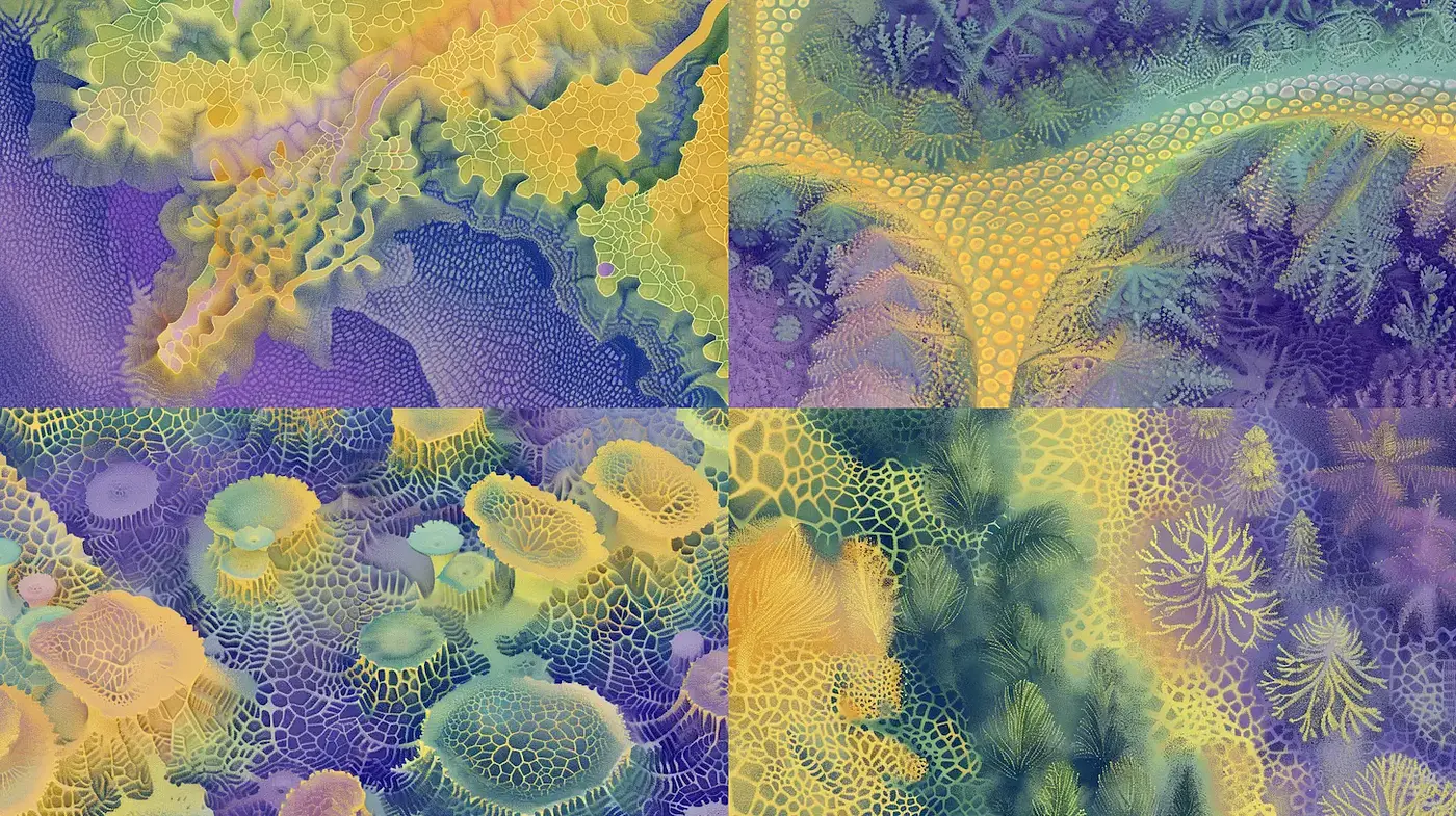 Psychedelic organic exploration with vibrant textures and ethereal atmospheres - Midjourney sref style