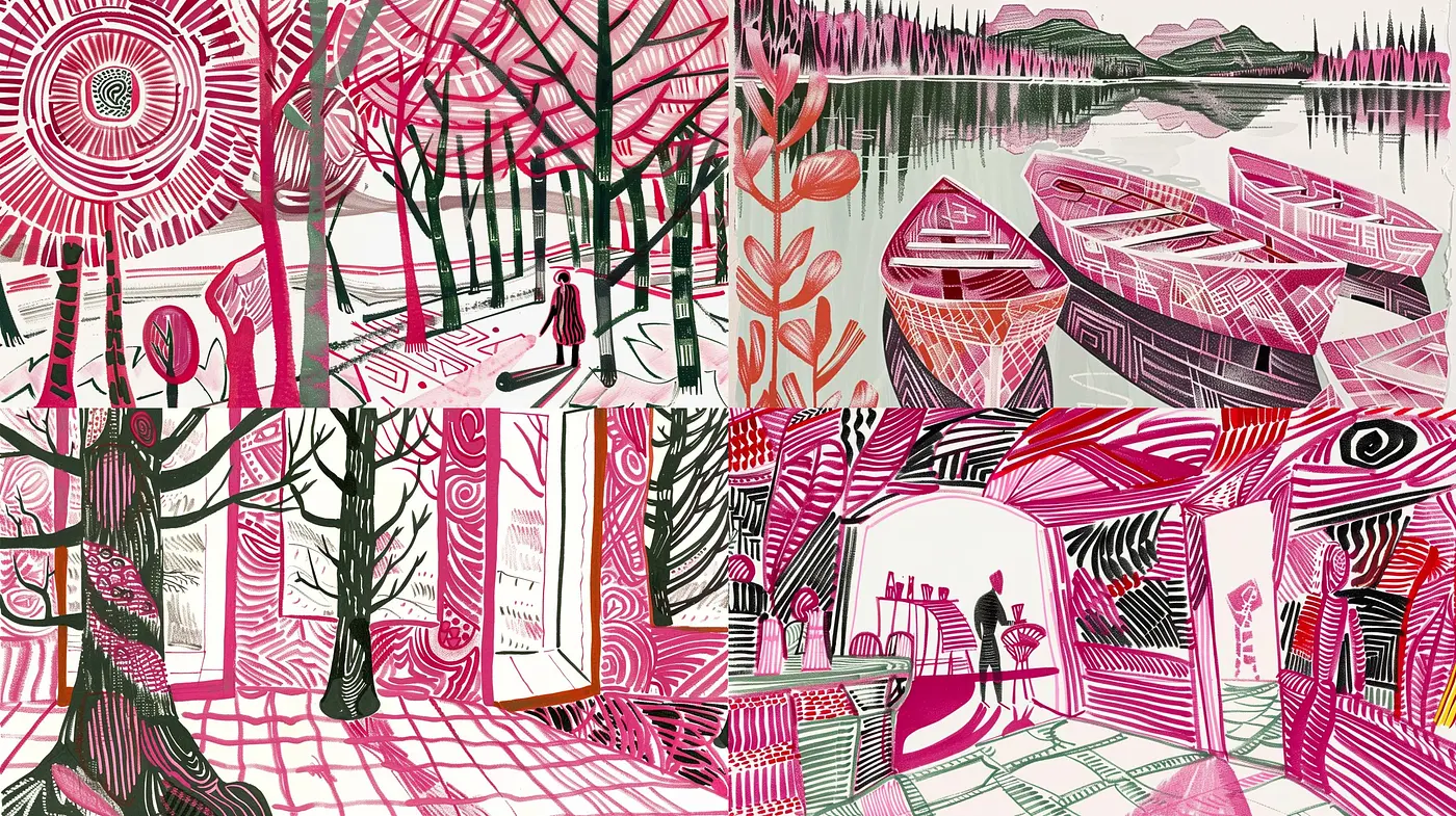 Whimsical Dreamscape in Pink and White: A Synchronous Dance of Color and Pattern - Midjourney sref style