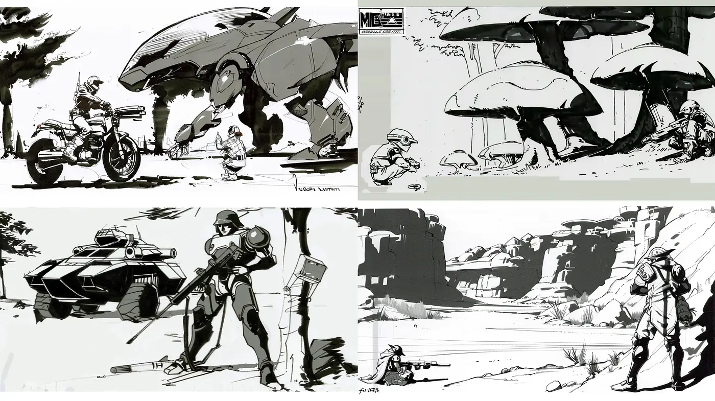 Monochromatic Concept Artistry with a Dynamic Sci-fi Essence - Midjourney sref style