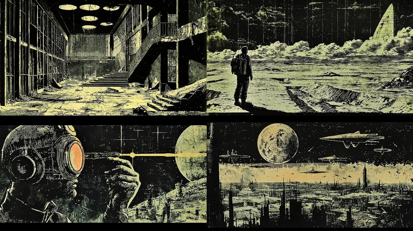 Dystopian Echoes: Textured Sci-Fi Artistry - Midjourney sref style