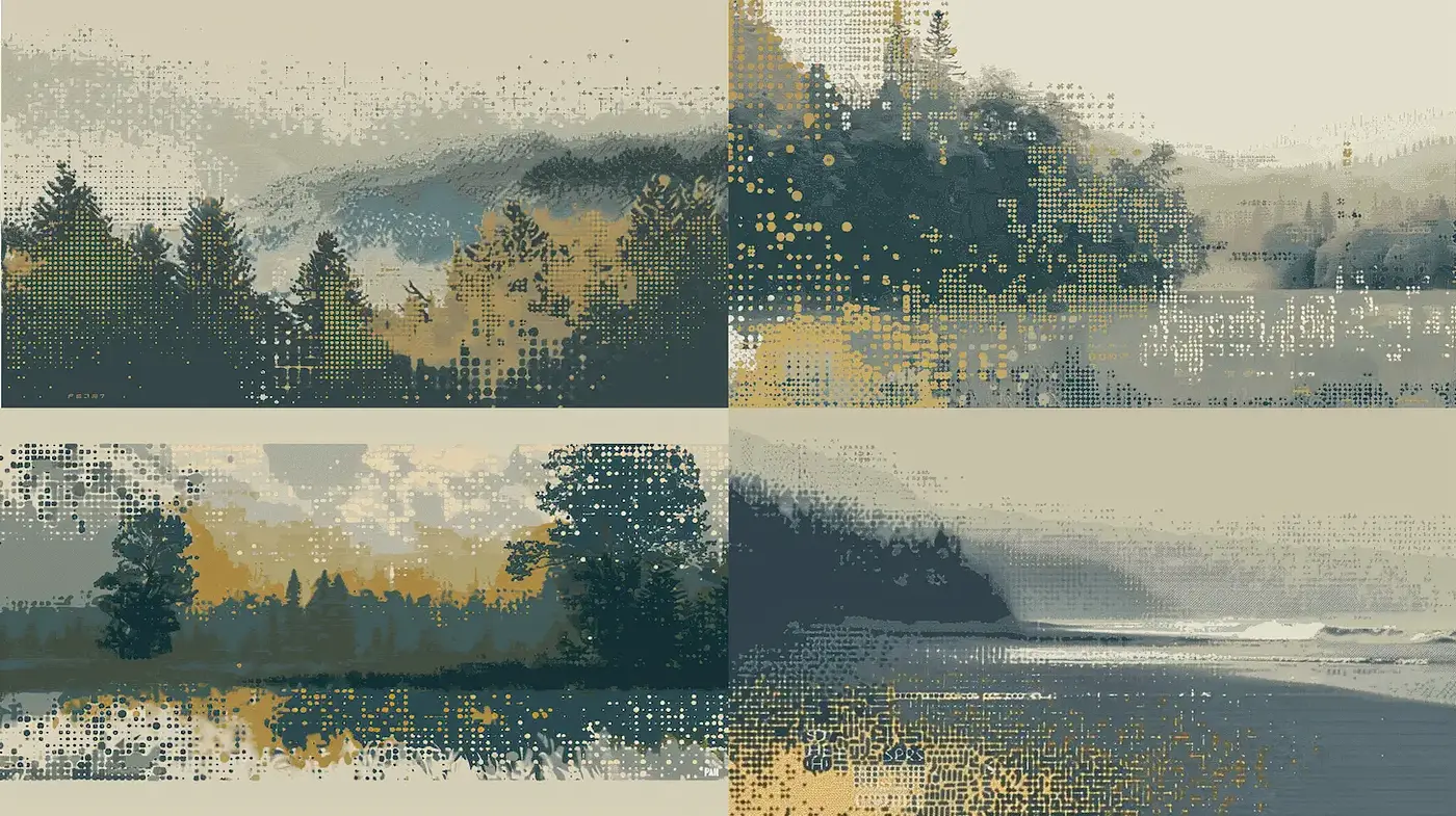 Nature-inspired landscapes with a digital pointillist approach - Midjourney sref style