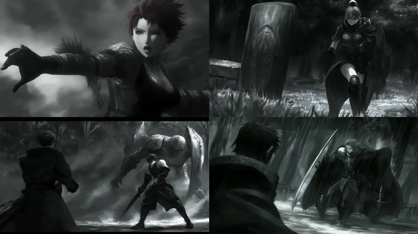 Monochromatic Dynamic Movements with a Gothic Ambiance - Midjourney sref style