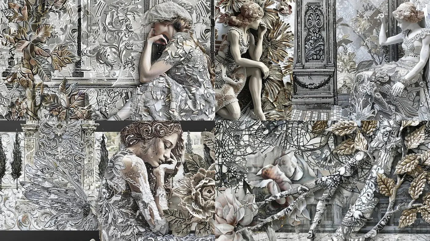 Monochromatic Textural Harmony: A Dance of Grayscale and Embellished Patterns - Midjourney sref style