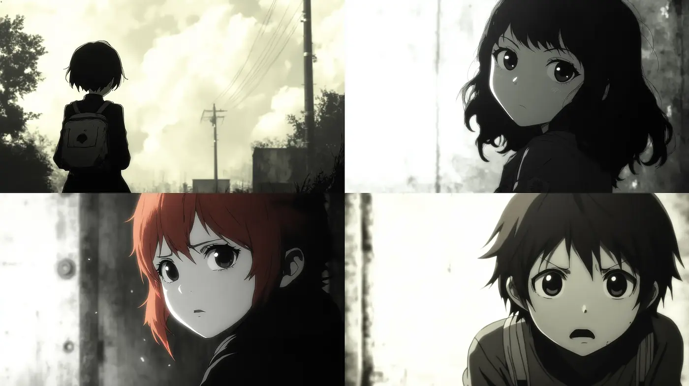 Monochromatic Anime-Inspired Nostalgic Vignettes - Midjourney sref style