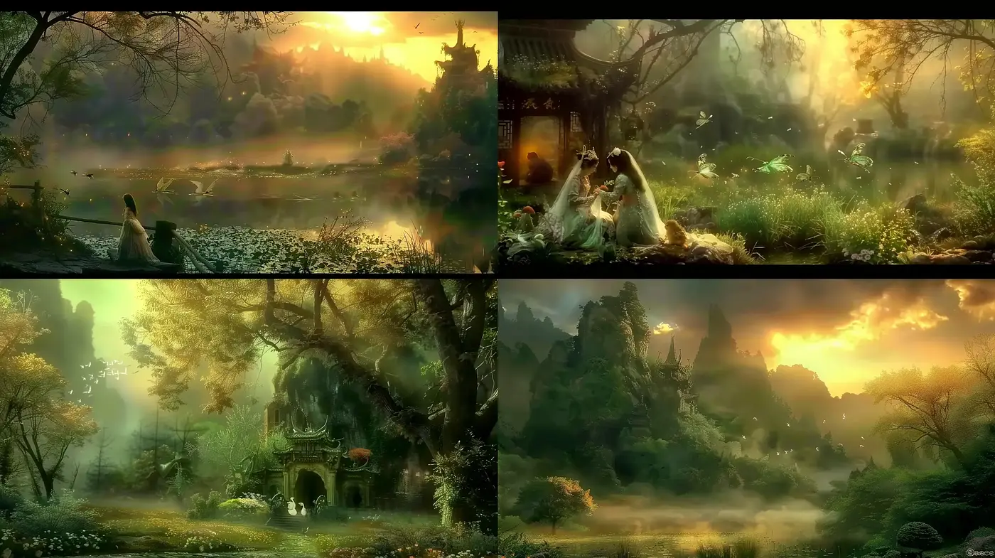 Enchanted Twilight: A Harmonious Symphony of Ethereal Light and Verdant Landscapes - Midjourney sref style