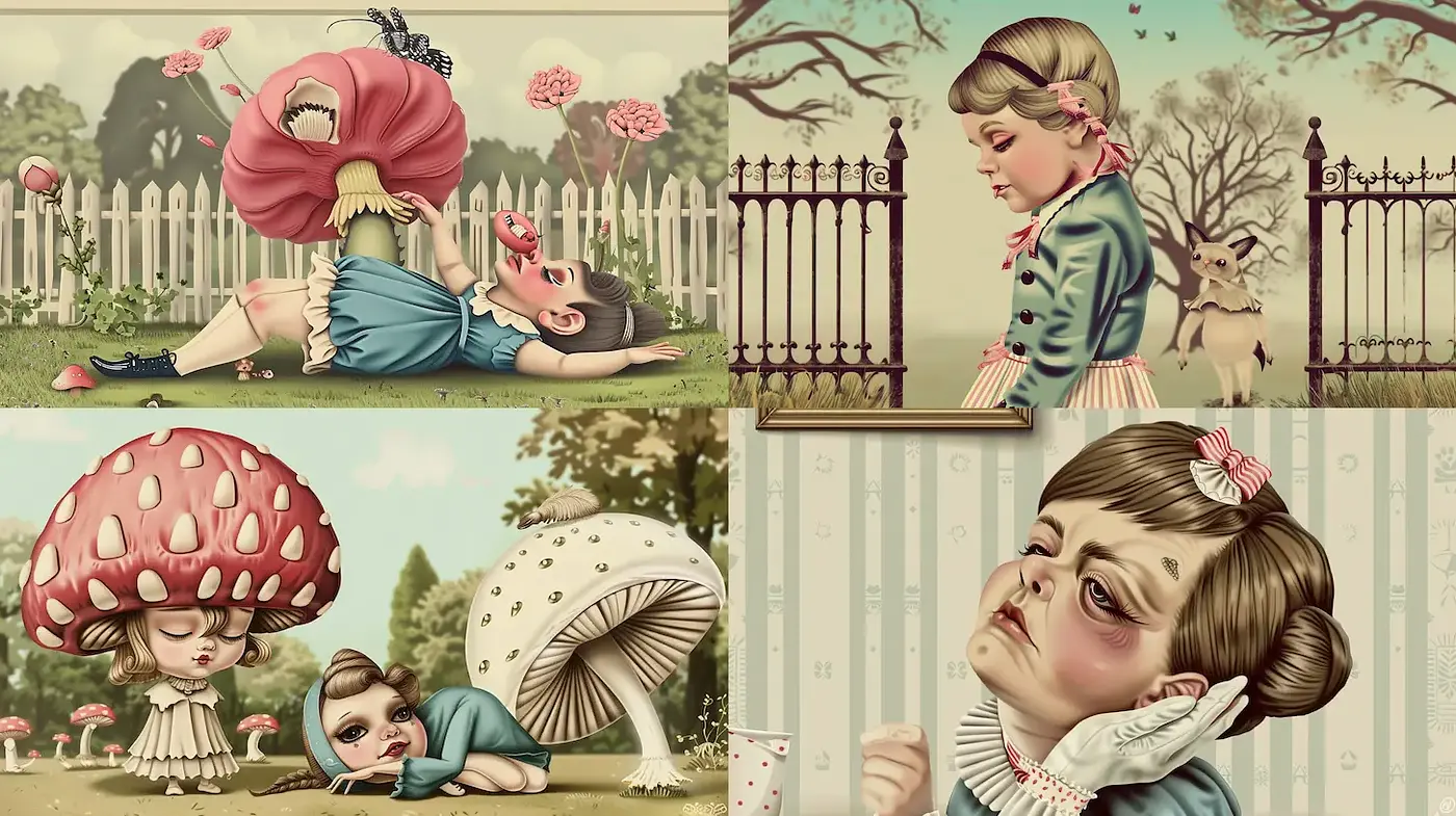 Whimsical Surrealism with Vintage Childhood Themes - Midjourney sref style