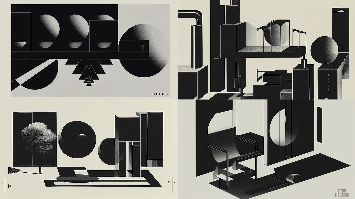 Modern Abstract Monochrome with Geometric Forms and Soft Gradients - Midjourney sref style
