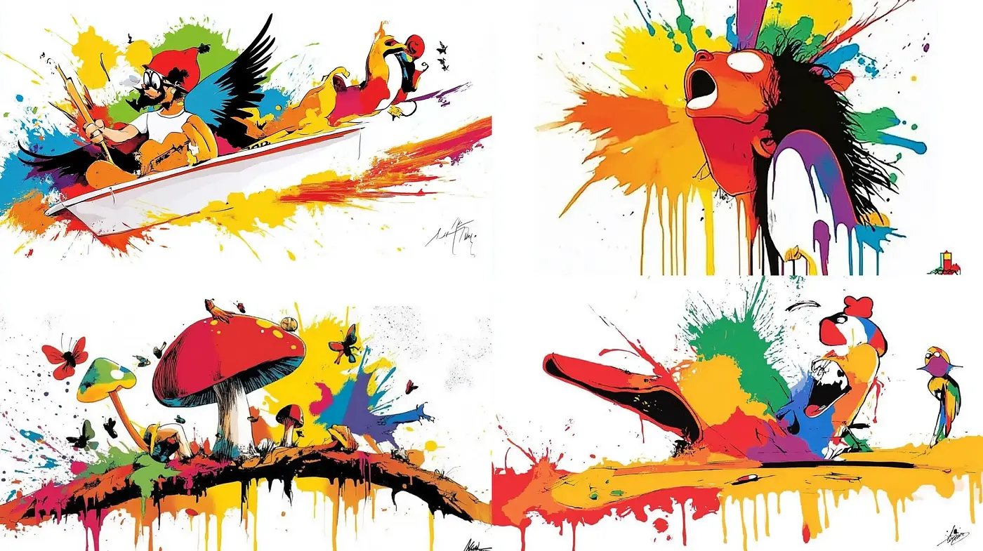 Vibrant Expressive Splatter in Pseudo-Comic Technique - Midjourney sref style