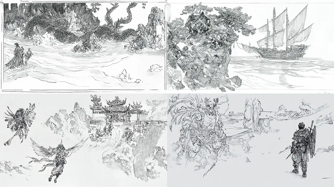 Monochrome East Asian Inkbrush Panoramic Vistas - Midjourney sref style