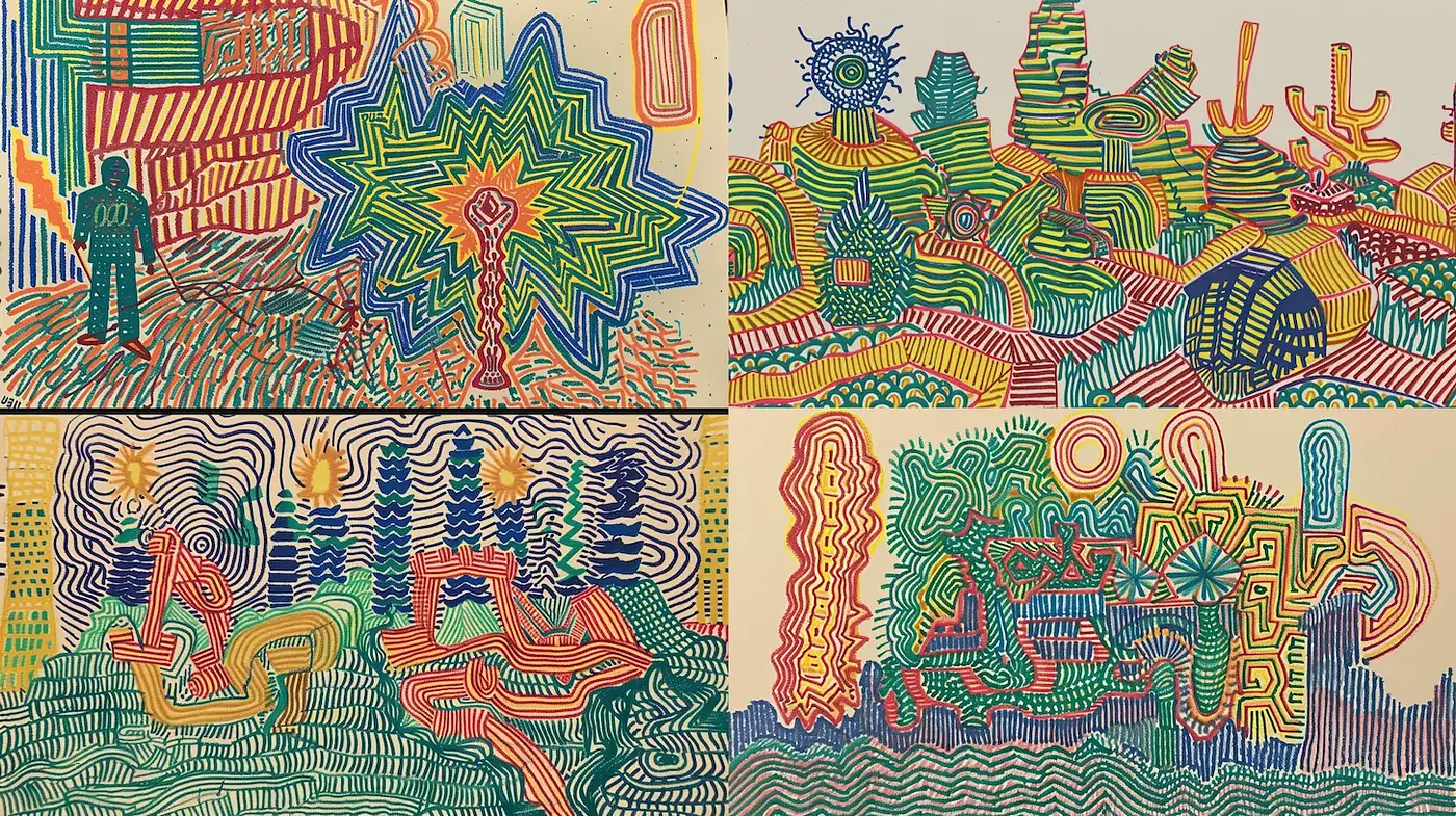 Vibrant and Whimsical Line Art with Bold Geometric Patterns - Midjourney sref style