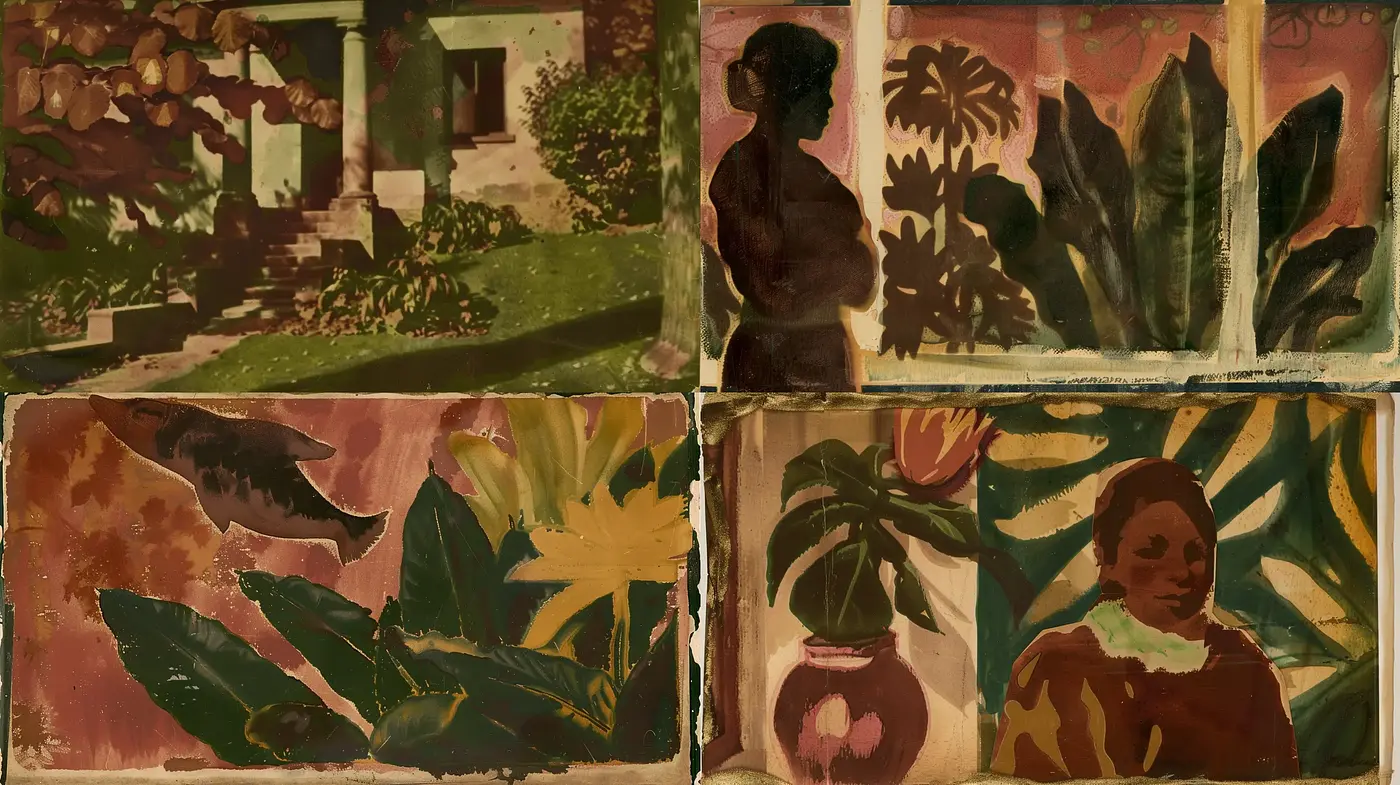 Tropical Serenity in Vintage Brushwork: A Uniform Harmony of Earthy Tones and Natural Themes - Midjourney sref style