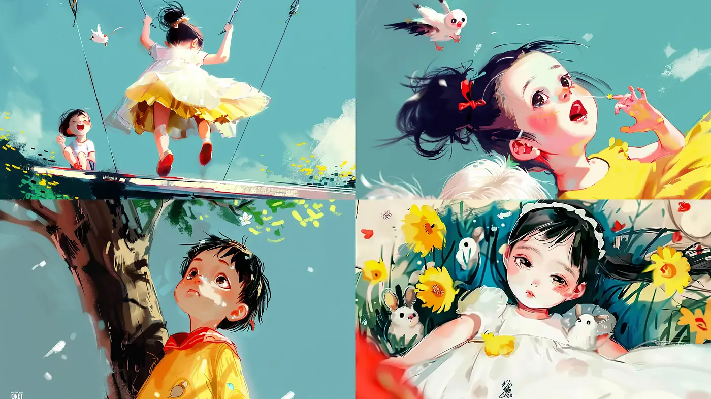 Whimsical Brushstrokes and Vibrant Childhood Reverie - Midjourney sref style