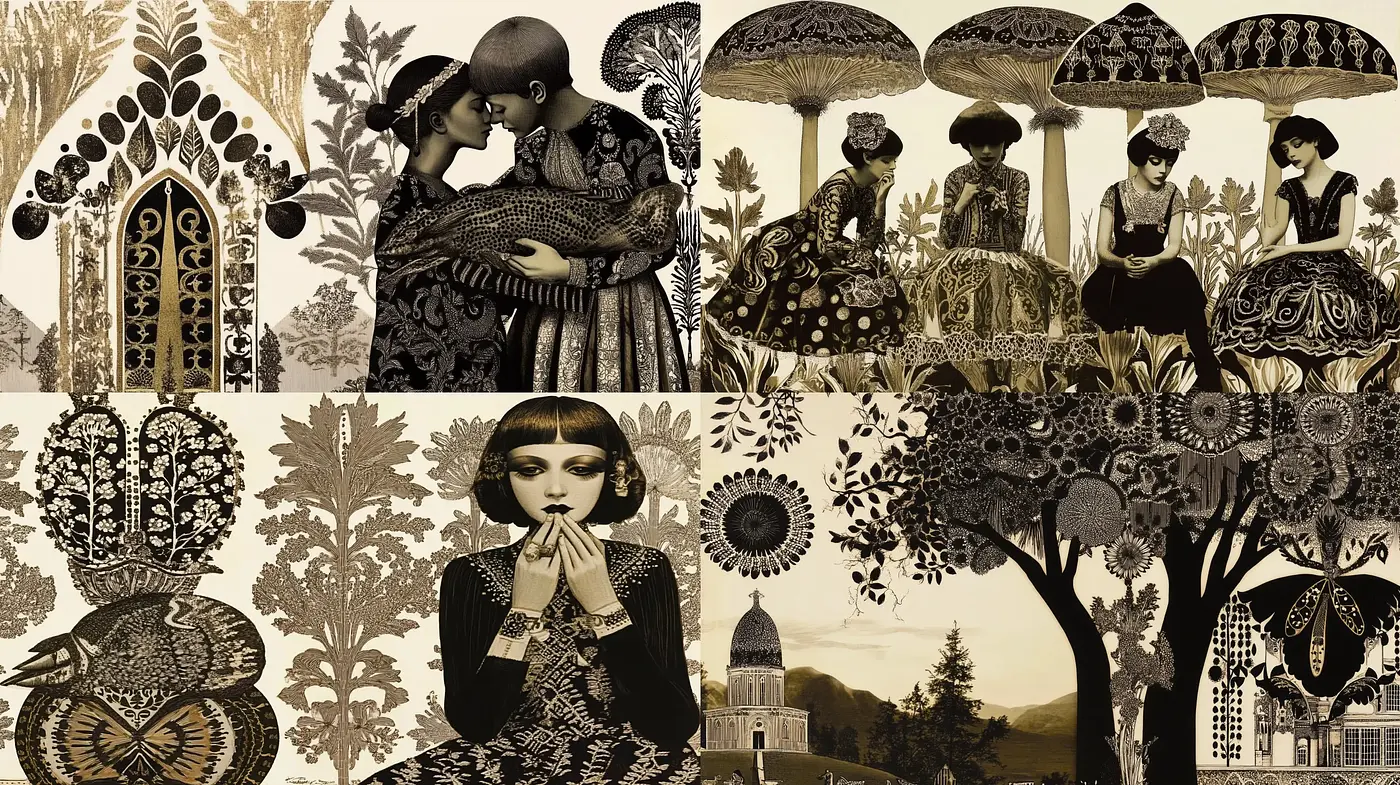 Art Nouveau Fusion with Sepia Tones and Ornate Illustration - Midjourney sref style